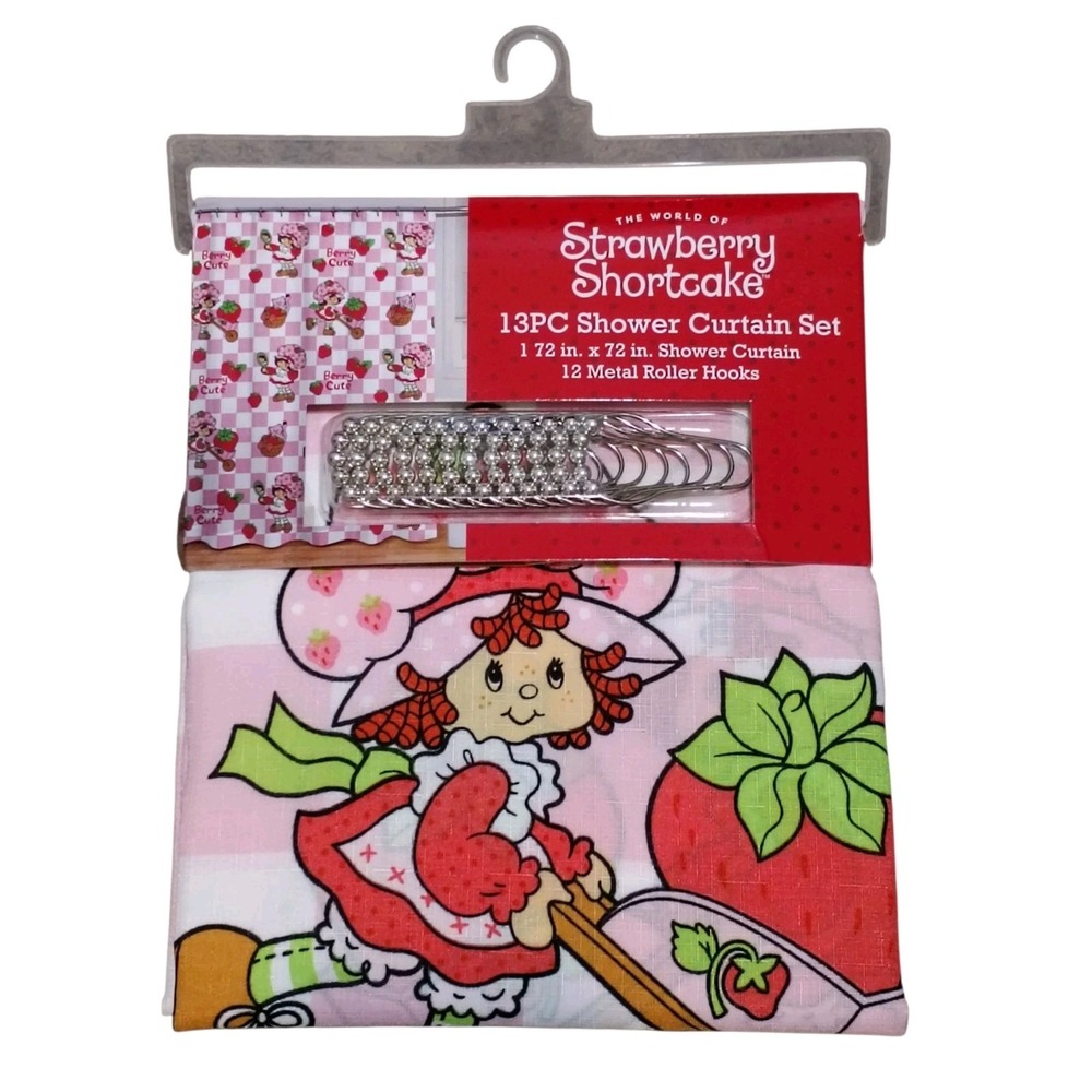 Strawberry Shortcake Shower Curtain Set 13PC Fabric 72x72 Pink Gingham Hooks NIP